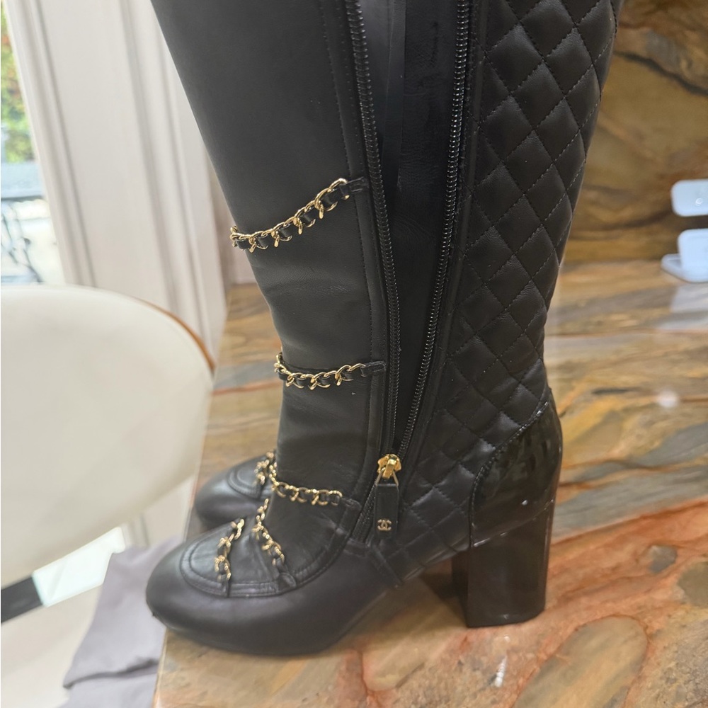 CHANEL Black Quilted Heeled Boots with Gold Accents- 37.5 - Picture 11 of 15